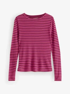 Burgundy Red Stripe Long Sleeve Crew Neck T-Shirt