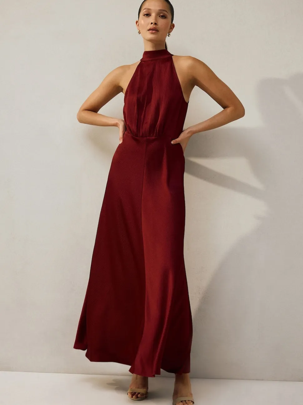 Burgundy Red Textured Satin Halter Sleeveless Midi Dress