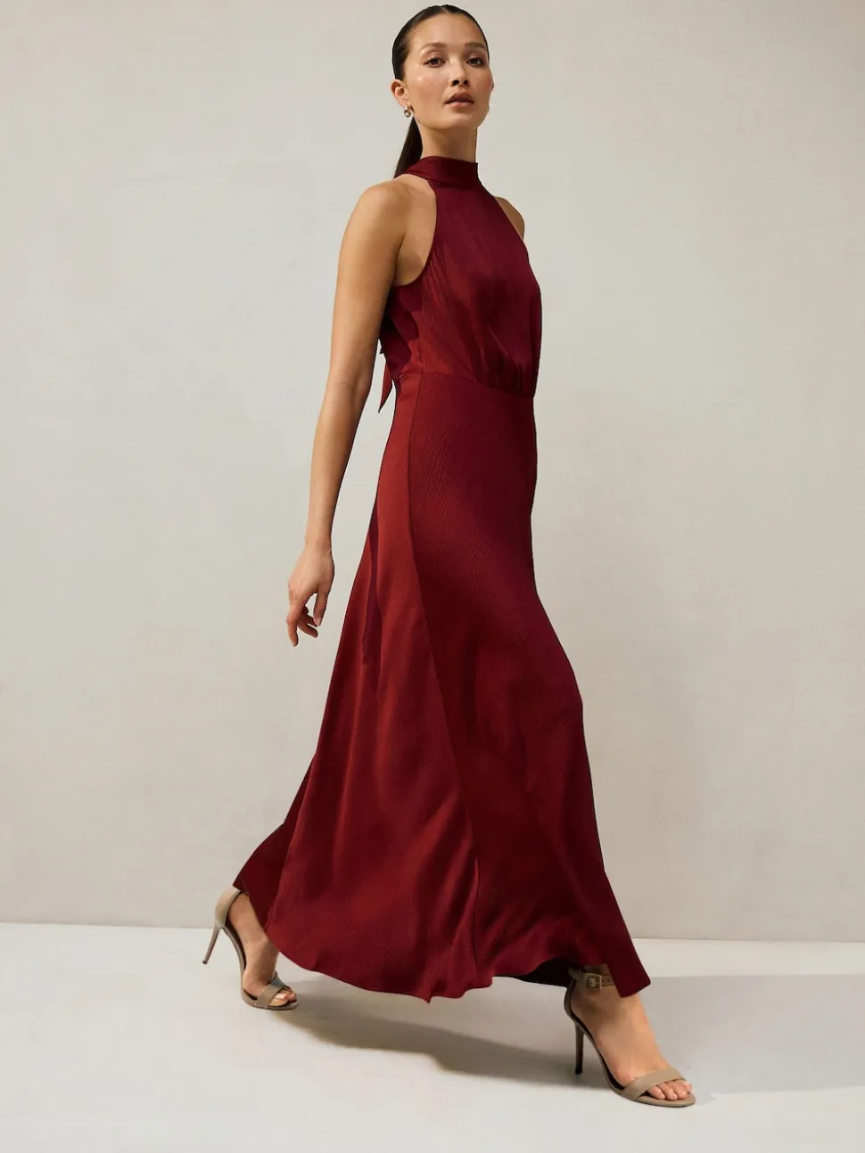 Burgundy Red Textured Satin Halter Sleeveless Midi Dress