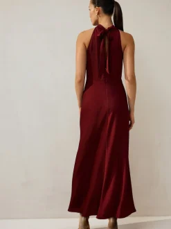Burgundy Red Textured Satin Halter Sleeveless Midi Dress