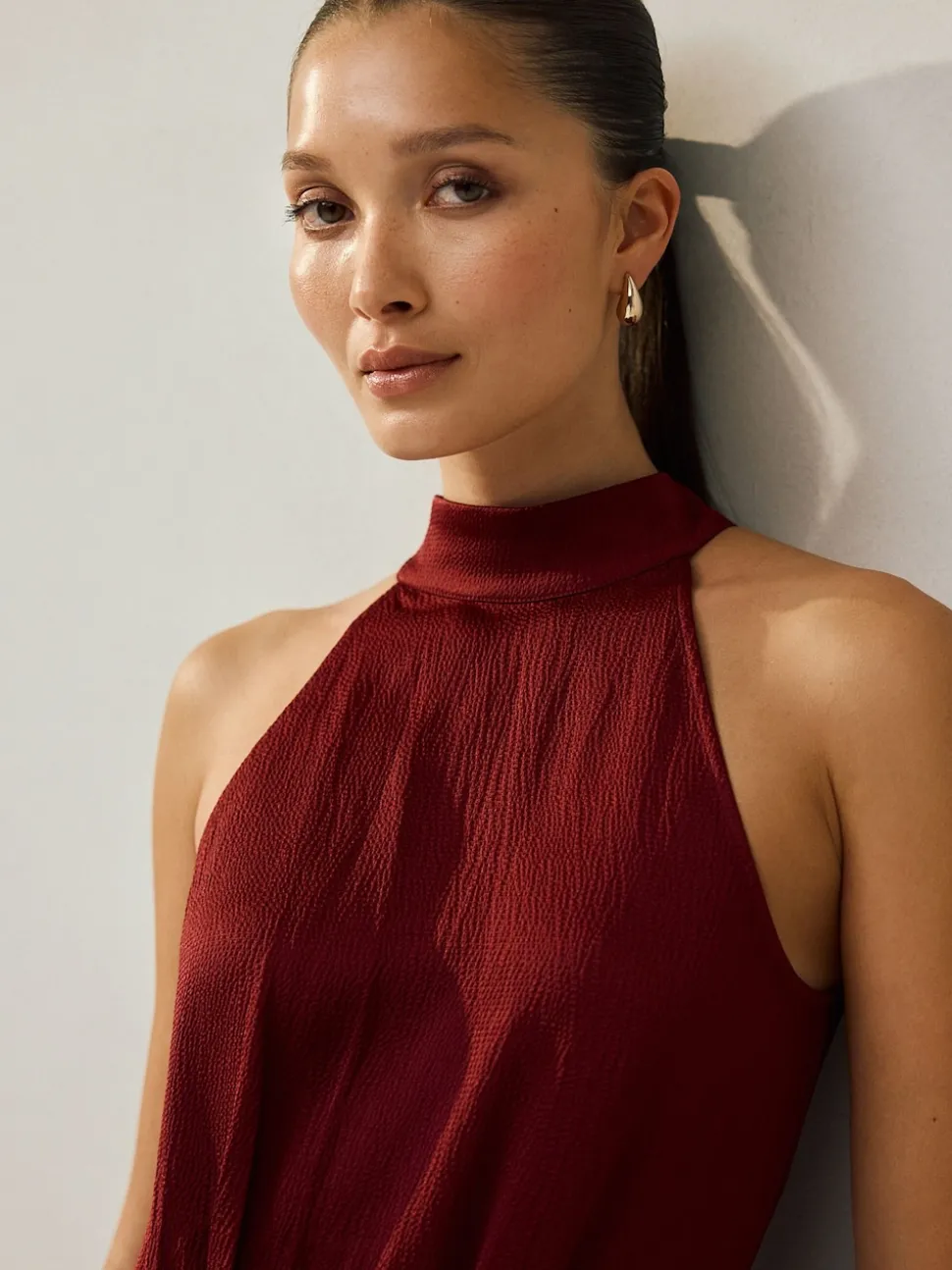 Burgundy Red Textured Satin Halter Sleeveless Midi Dress