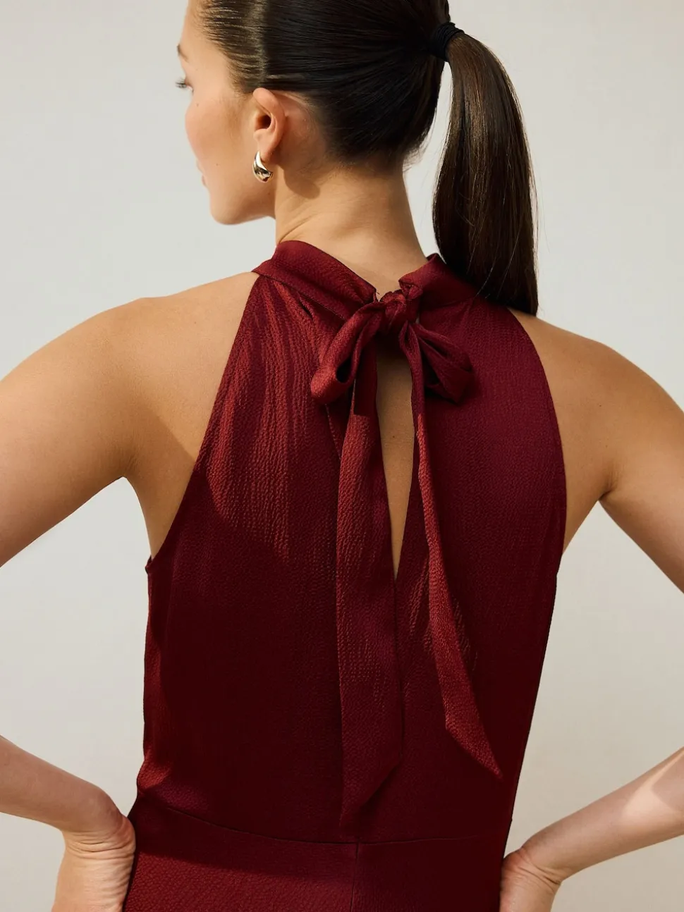 Burgundy Red Textured Satin Halter Sleeveless Midi Dress