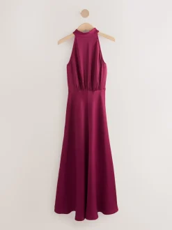 Burgundy Red Textured Satin Halter Sleeveless Midi Dress