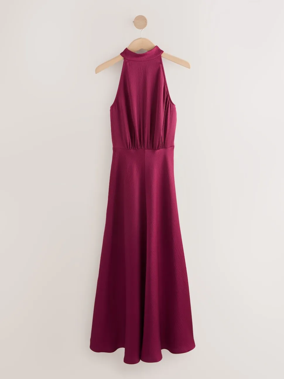 Burgundy Red Textured Satin Halter Sleeveless Midi Dress