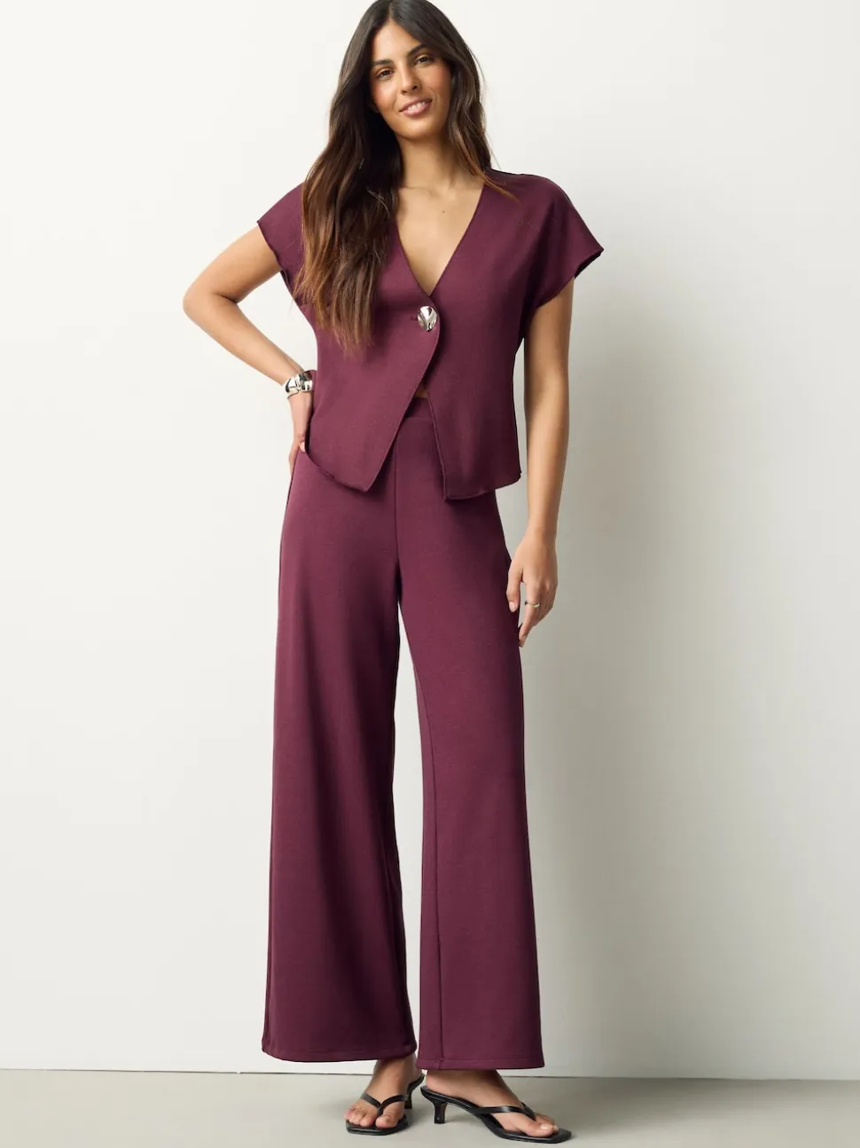 Burgundy Red Wide Leg Compact Trousers