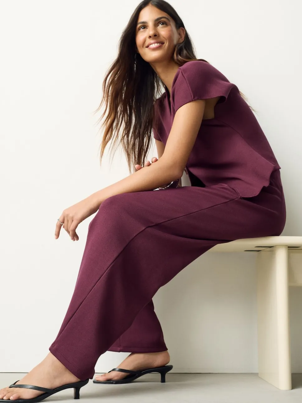 Burgundy Red Wide Leg Compact Trousers