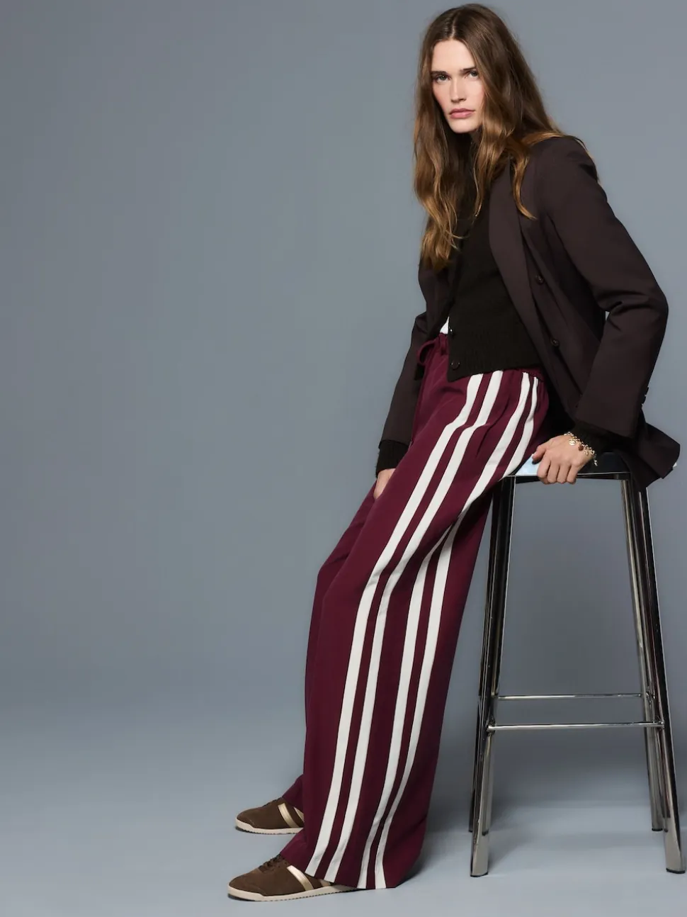 Burgundy Red Wide Leg Side Stripe Trousers