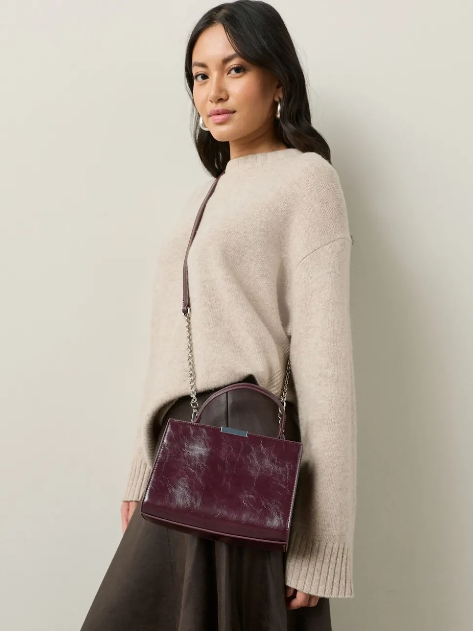 Burgundy Top Handle Croc Effect Bag
