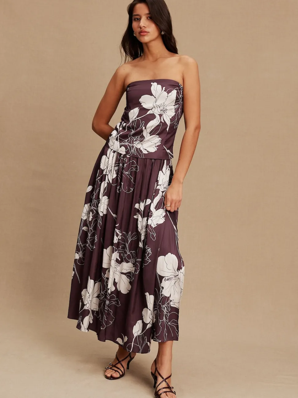 Burgundy/Ecru Floral Print Satin Midi Skirt
