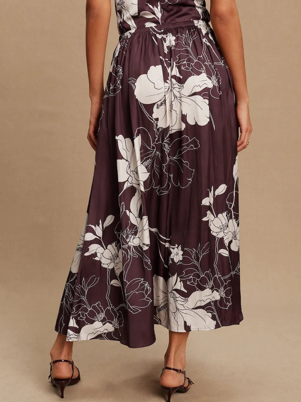 Burgundy/Ecru Floral Print Satin Midi Skirt