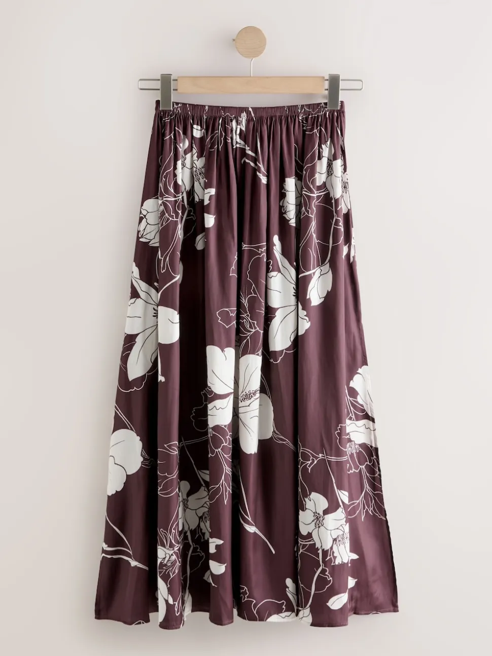 Burgundy/Ecru Floral Print Satin Midi Skirt