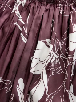 Burgundy/Ecru Floral Print Satin Midi Skirt