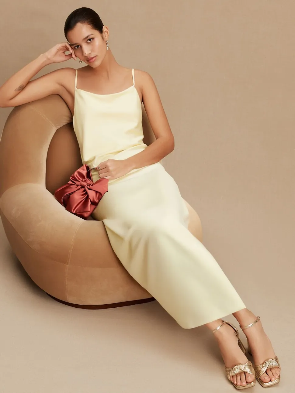 Buttermilk Yellow Satin Cowl Neck Wedding Guest Bridesmaid Maxi Dress