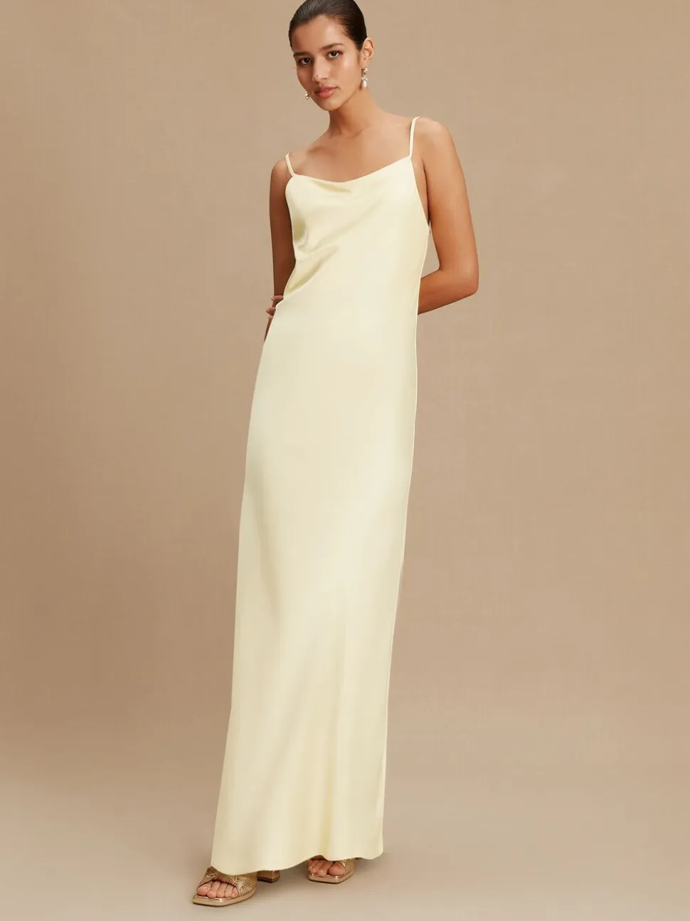 Buttermilk Yellow Satin Cowl Neck Wedding Guest Bridesmaid Maxi Dress