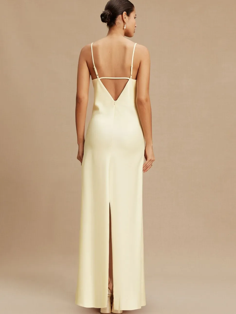 Buttermilk Yellow Satin Cowl Neck Wedding Guest Bridesmaid Maxi Dress