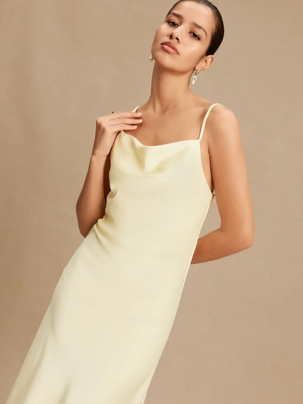 Buttermilk Yellow Satin Cowl Neck Wedding Guest Bridesmaid Maxi Dress