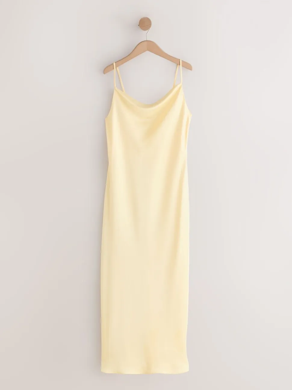 Buttermilk Yellow Satin Cowl Neck Wedding Guest Bridesmaid Maxi Dress