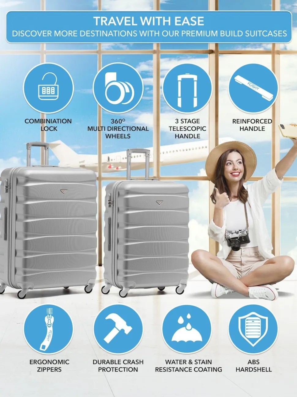 CABIN PRO Silver Set of 2 Medium & Large Check-In Hold Luggage Hardcase Travel Suitcases