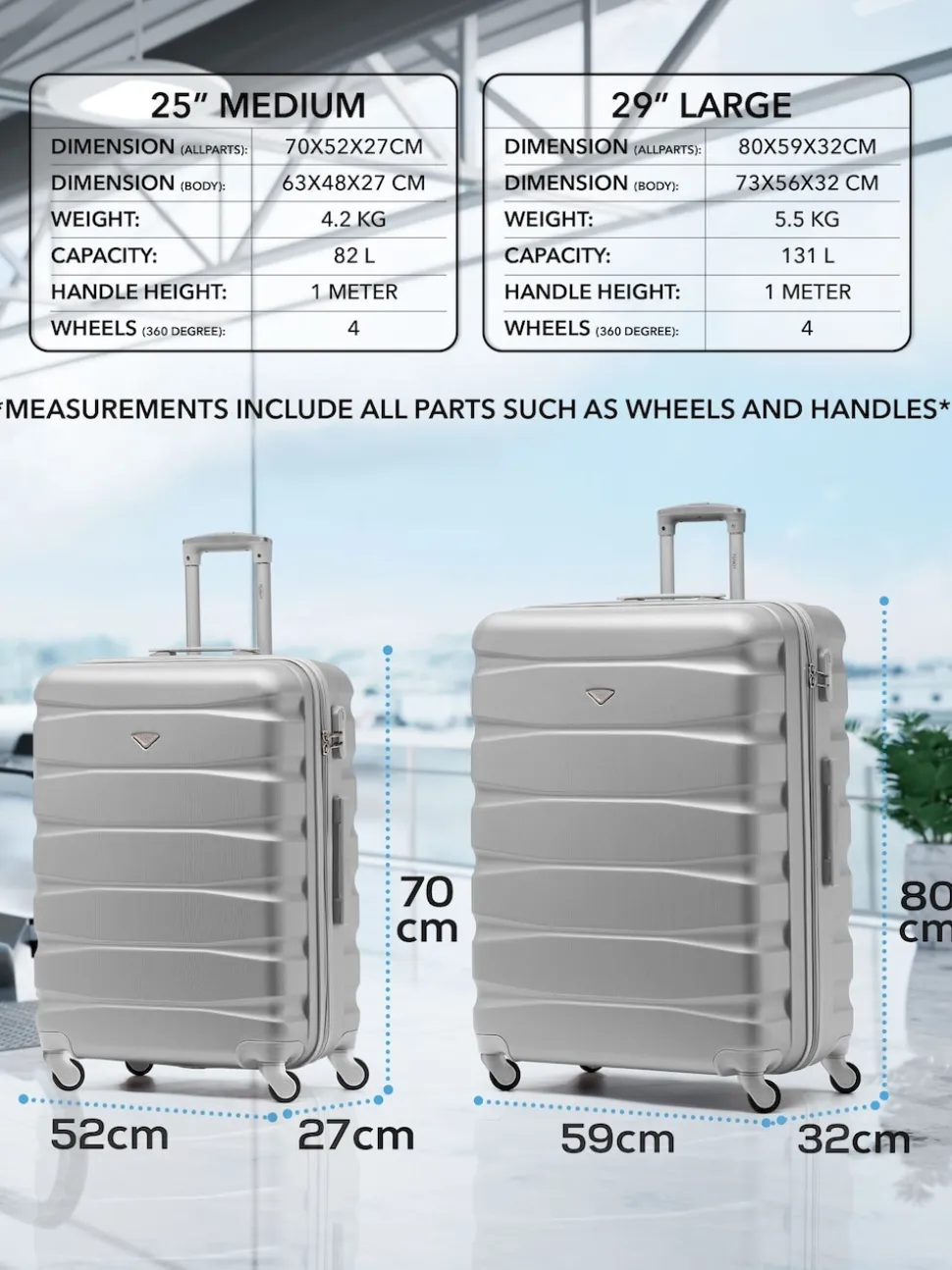 CABIN PRO Silver Set of 2 Medium & Large Check-In Hold Luggage Hardcase Travel Suitcases