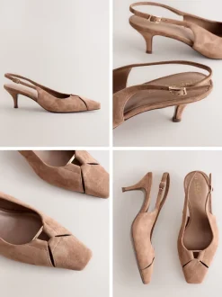 Camel Brown Leather Cutout Hardware Detail Slingback Heels