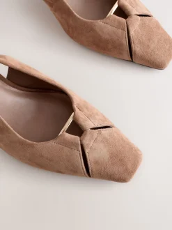Camel Brown Leather Cutout Hardware Detail Slingback Heels