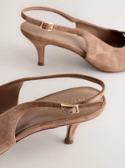 Camel Brown Leather Cutout Hardware Detail Slingback Heels