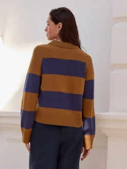 Camel Brown/Blue Stripe 100% Wool N.Premium Polo Jumper