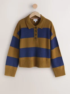 Camel Brown/Blue Stripe 100% Wool N.Premium Polo Jumper