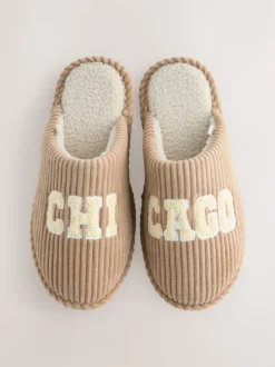 Camel Chicago Cord Slogan Mule Slippers