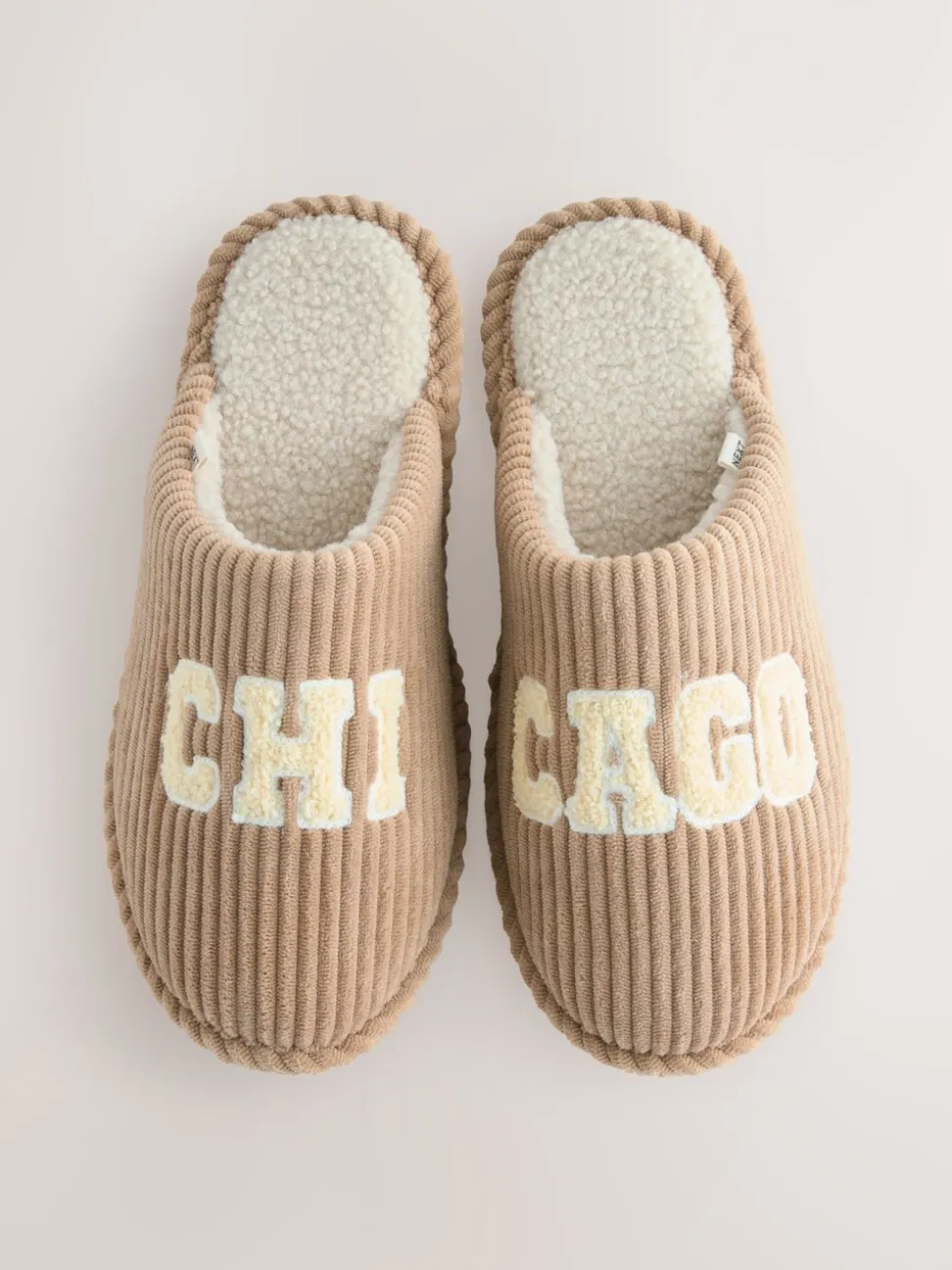 Camel Chicago Cord Slogan Mule Slippers