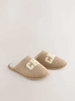 Camel Chicago Cord Slogan Mule Slippers