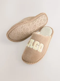 Camel Chicago Cord Slogan Mule Slippers