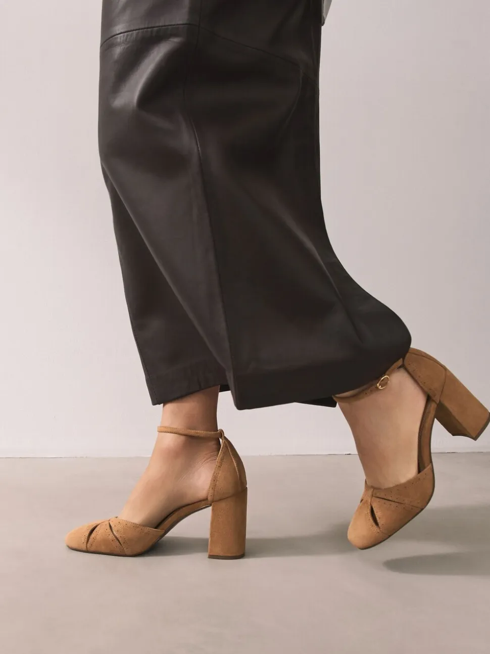 Camel Forever Comfort® Leather Block Heels With Ankle Strap