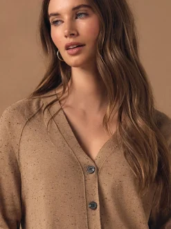 Camel Neppy Soft Touch V-Neck Cotton Rich Button Up Cardigan