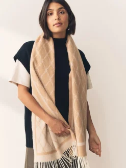 Camel Premium Made in Italy Jacquard Monogram 100% Wool Midweight Scarf