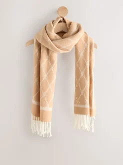 Camel Premium Made in Italy Jacquard Monogram 100% Wool Midweight Scarf