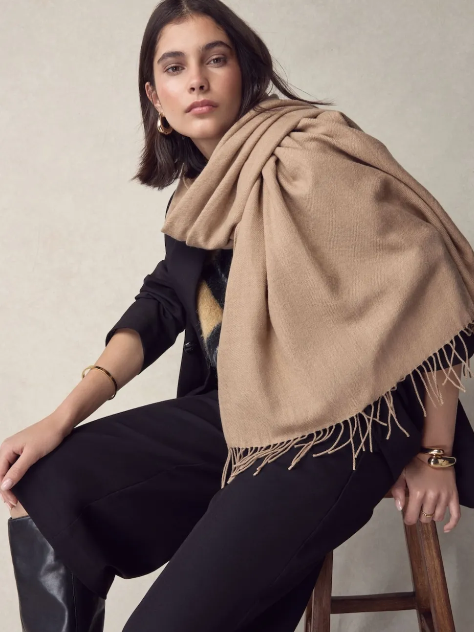 Camel Premium Made in Italy Twill Midweight Shawl Scarf