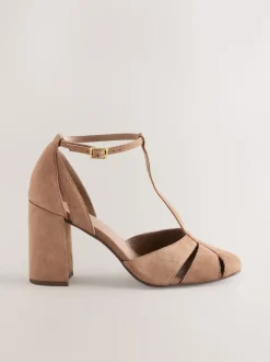 Camel Suede Leather Round Toe Cut Out T-Bar Block Heel Shoes