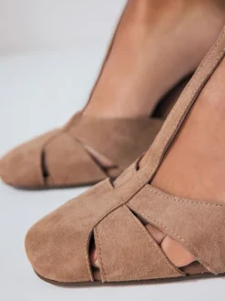 Camel Suede Leather Round Toe Cut Out T-Bar Block Heel Shoes