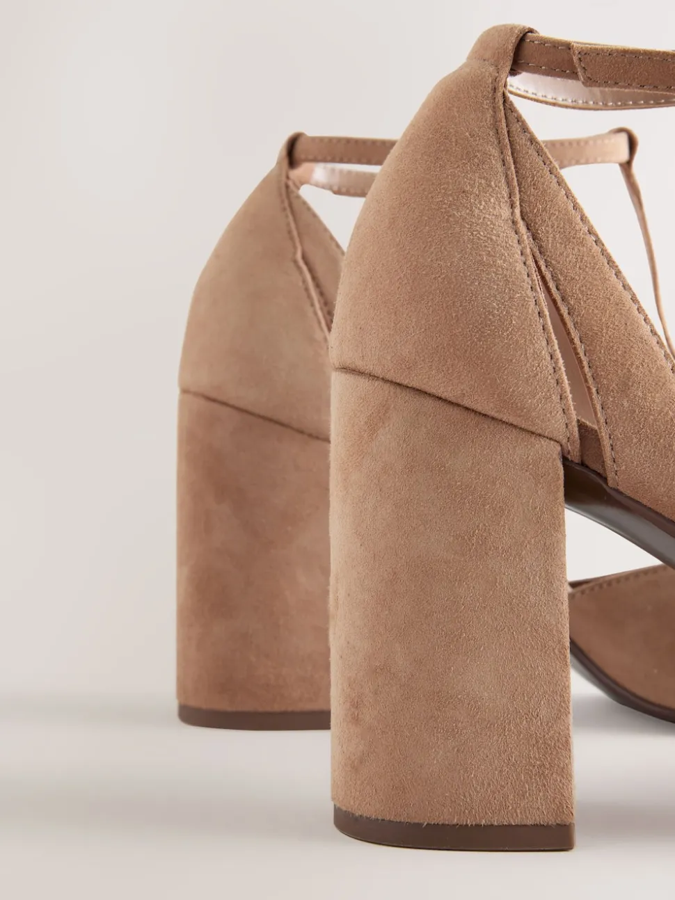 Camel Suede Leather Round Toe Cut Out T-Bar Block Heel Shoes