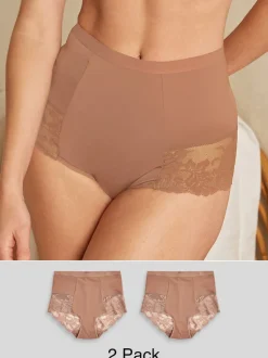 Caramel Nude Print Tummy Control Shaping Lace Back Brazilian Knickers 2 Pack
