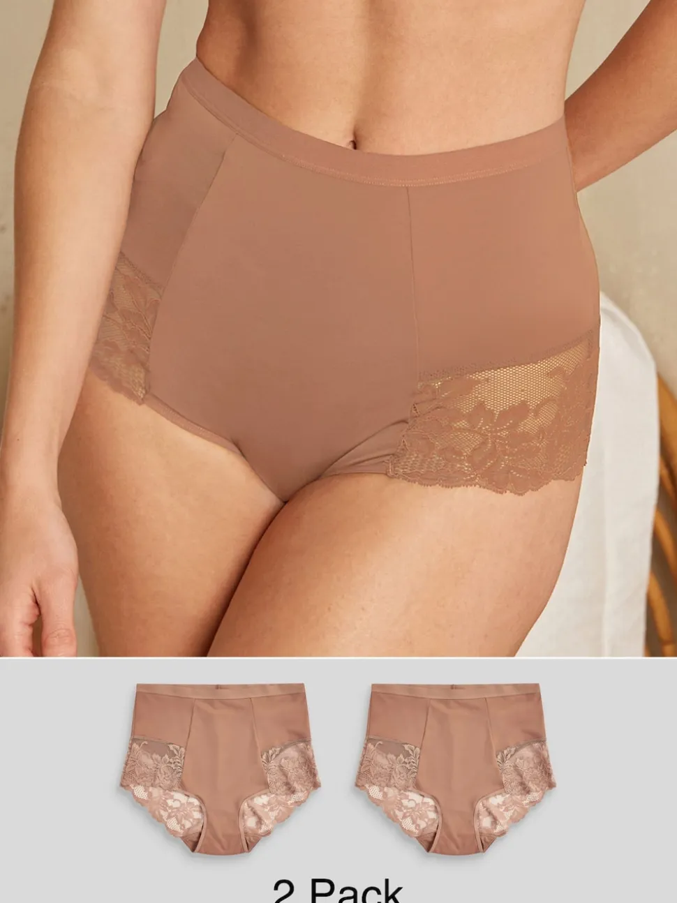 Caramel Nude Print Tummy Control Shaping Lace Back Brazilian Knickers 2 Pack
