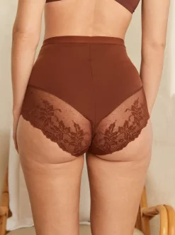 Caramel Nude Print Tummy Control Shaping Lace Back Brazilian Knickers 2 Pack