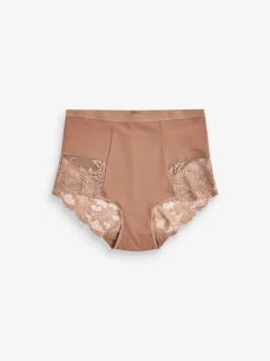 Caramel Nude Print Tummy Control Shaping Lace Back Brazilian Knickers 2 Pack