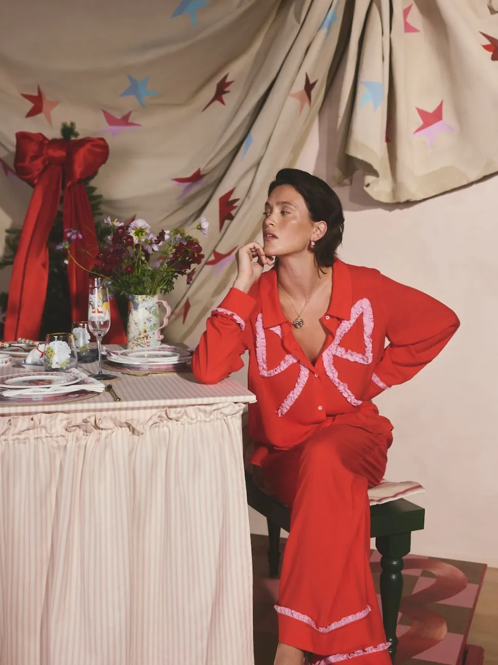 Cath Kidston Red Festive Bow Woven Viscose Pyjamas