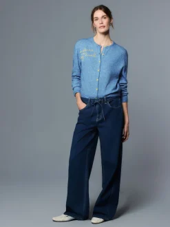 Chambray Blue Embellished Crew Neck Knitted Cardigan With Wool