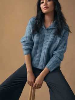 Chambray Blue Ribbed Knit Jumper With Crochet Sailor Collar