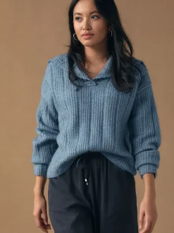 Chambray Blue Ribbed Knit Jumper With Crochet Sailor Collar