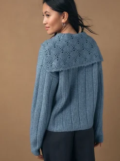 Chambray Blue Ribbed Knit Jumper With Crochet Sailor Collar