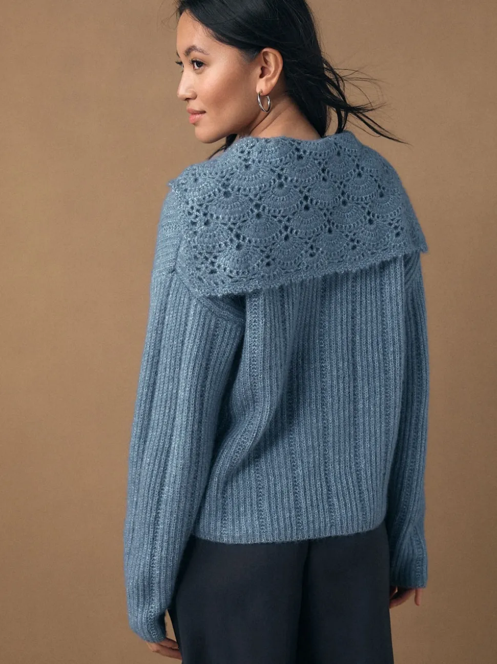 Chambray Blue Ribbed Knit Jumper With Crochet Sailor Collar